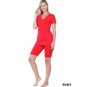 Cotton V-Neck Top & Biker Shorts set (Ruby)-Medium